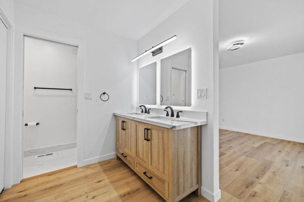 Bathroom, Interior, Marble, Marble Walls, Recessed Lighting, Wood Texture Flooring