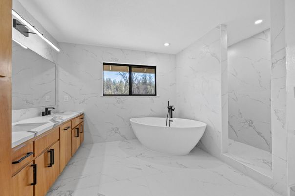 Bathroom, Glass Shower, Interior, Marble Walls, Recessed Lighting