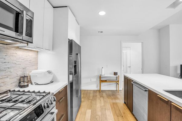 Interior, Kitchen, Recessed Lighting, Stainless Steel Appliances, Wood Texture Flooring