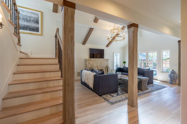 Chandelier, Fireplace, Interior, Living room, Wooden Beams, Wood Texture Flooring