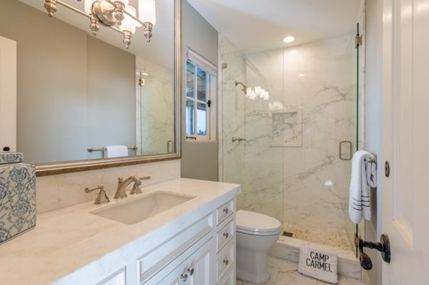 Bathroom, Glass Shower, Interior, Marble, Marble Walls, Recessed Lighting