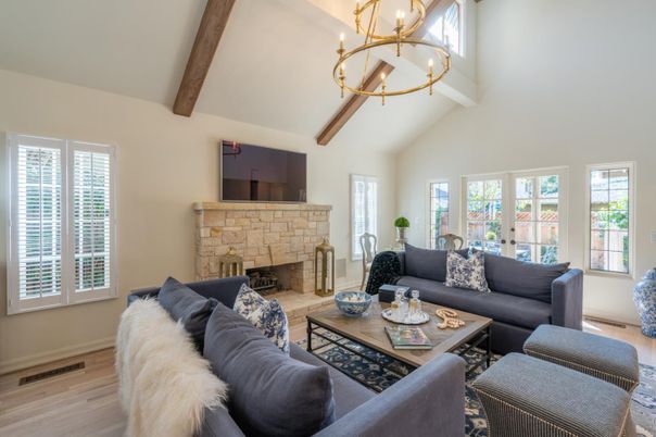 Chandelier, Fireplace, Interior, Living room, Wooden Beams, Wood Texture Flooring