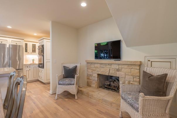 Fireplace, Interior, Kitchen, Recessed Lighting, Stainless Steel Appliances, Wood Texture Flooring