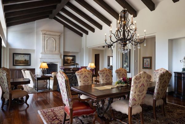 Chandelier, Dining room, Fireplace, Interior, Living room, Wooden Beams, Wood Texture Flooring