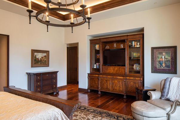 Bedroom, Chandelier, Interior, Wood Texture Flooring
