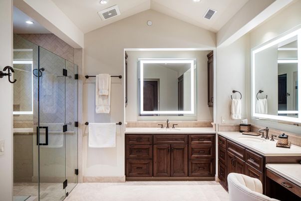 Bathroom, Dual Sink Vanities, Glass Shower, Interior, Recessed Lighting