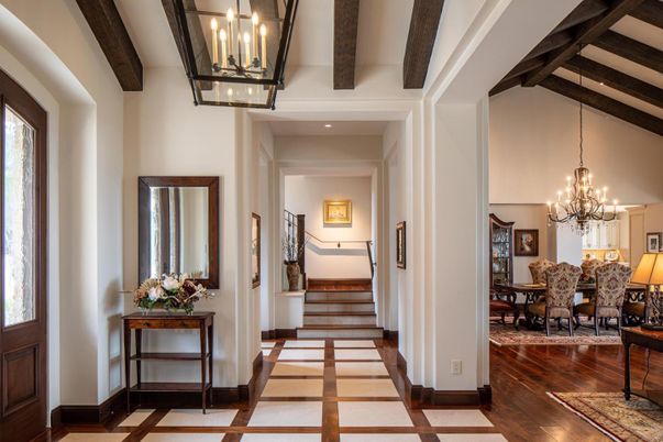 Chandelier, Dining room, Interior, Recessed Lighting, Wooden Beams, Wood Texture Flooring