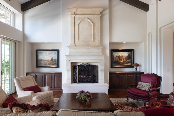 Fireplace, Interior, Living room, Recessed Lighting, Wooden Beams, Wood Texture Flooring