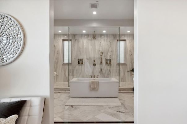 Bathroom, Free Standing Baths, Glass Shower, Interior, Marble, Marble Walls, Recessed Lighting