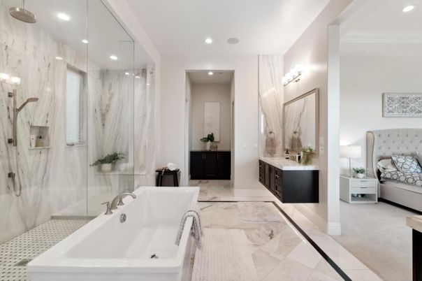 Bathroom, Dual Sink Vanities, Glass Shower, Interior, Marble, Marble Walls, Recessed Lighting