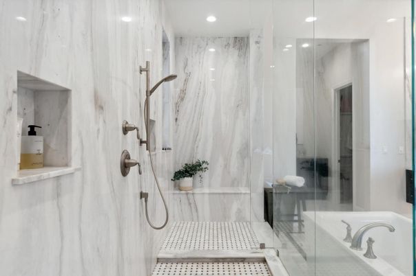 Bathroom, Glass Shower, Interior, Marble Walls, Recessed Lighting