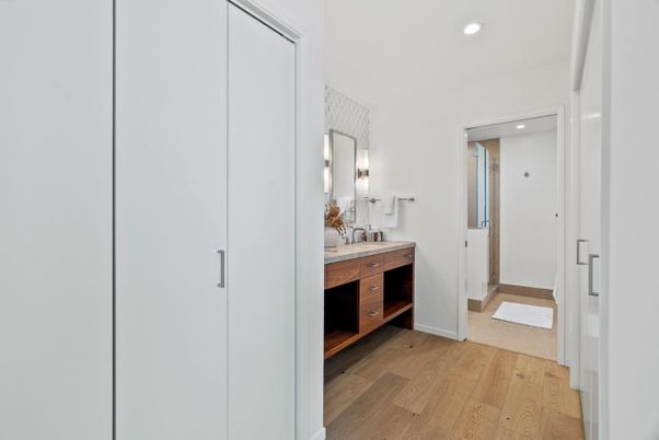 Bathroom, Interior, Recessed Lighting, Wood Texture Flooring