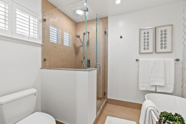 Bathroom, Glass Shower, Interior, Recessed Lighting