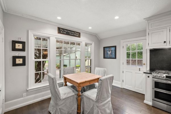 Dining room, Interior, Recessed Lighting, Wood Texture Flooring