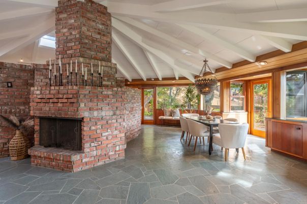 Dining room, Fireplace, Interior, Pendant Lights, Stone Walls