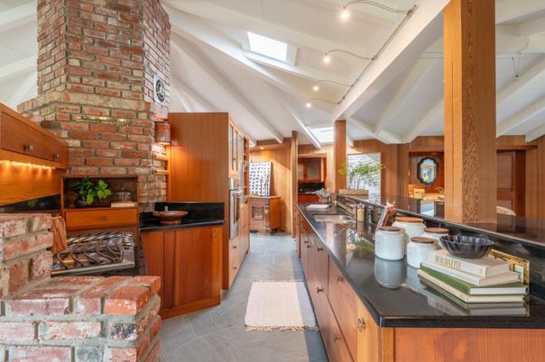 Fireplace, Interior, Kitchen, Recessed Lighting, Stone Walls