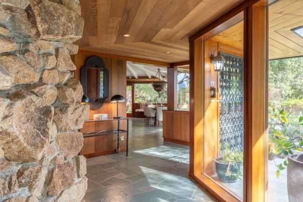Dining room, Interior, Pendant Lights, Recessed Lighting, Stone Walls, Wooden Beams, Wooden Ceilings
