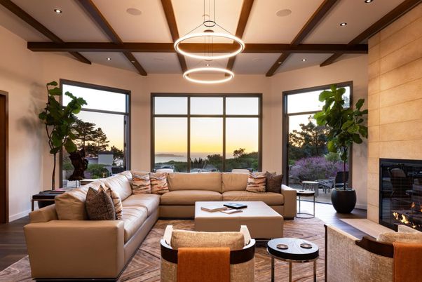 Fireplace, Interior, Living room, Pendant Lights, Recessed Lighting, Water, Wooden Beams, Wood Texture Flooring