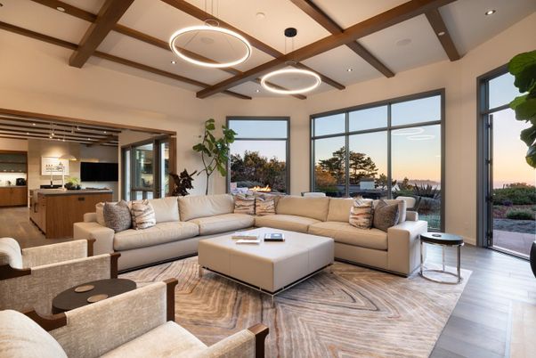 Interior, Living room, Pendant Lights, Recessed Lighting, Wooden Beams, Wood Texture Flooring