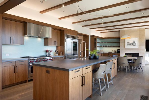 Dining room, Interior, Kitchen, Pendant Lights, Recessed Lighting, Stainless Steel Appliances, Wooden Beams, Wood Texture Flooring
