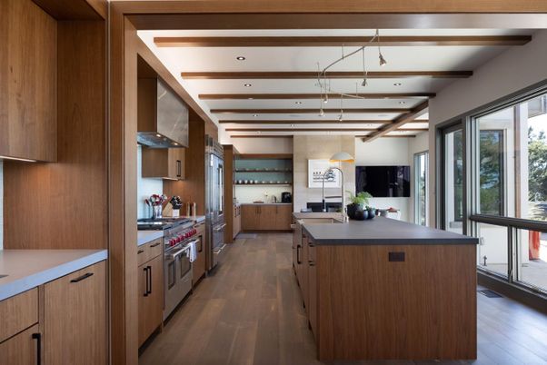 Interior, Kitchen, Pendant Lights, Recessed Lighting, Stainless Steel Appliances, Wooden Beams, Wood Texture Flooring