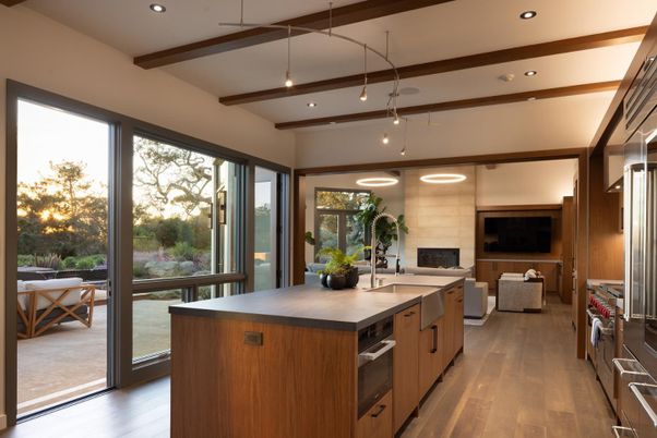 Fireplace, Interior, Kitchen, Pendant Lights, Recessed Lighting, Stainless Steel Appliances, Wooden Beams, Wood Texture Flooring