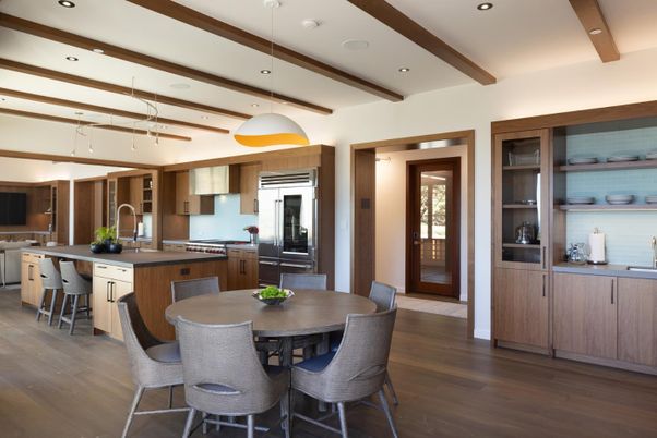 Dining room, Interior, Kitchen, Pendant Lights, Recessed Lighting, Stainless Steel Appliances, Wooden Beams, Wood Texture Flooring