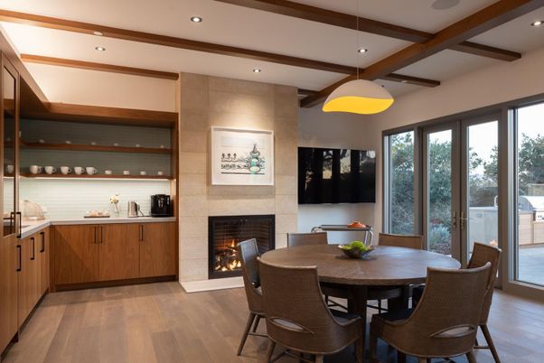 Dining room, Fireplace, Interior, Pendant Lights, Recessed Lighting, Wooden Beams, Wood Texture Flooring