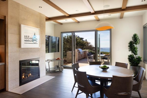 Dining room, Fireplace, Interior, Pendant Lights, Recessed Lighting, Wooden Beams, Wood Texture Flooring