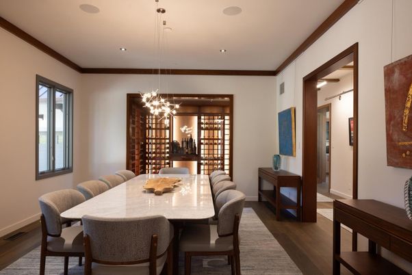 Chandelier, Dining room, Interior, Pendant Lights, Recessed Lighting, Wine Storage, Wood Texture Flooring