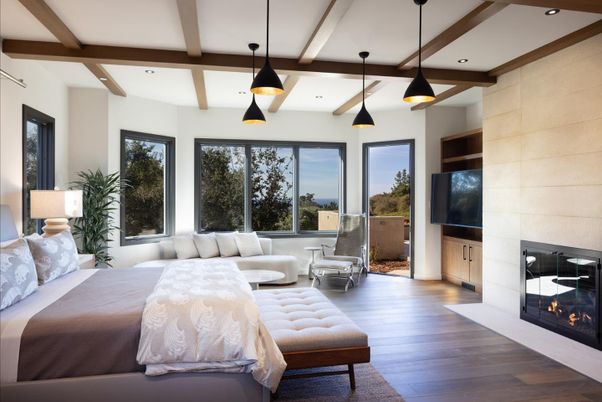 Bedroom, Fireplace, Interior, Pendant Lights, Recessed Lighting, Wooden Beams, Wood Texture Flooring