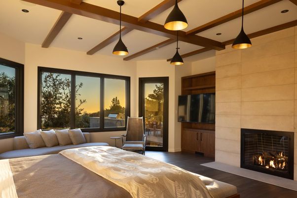 Bedroom, Fireplace, Interior, Pendant Lights, Recessed Lighting, Wooden Beams, Wood Texture Flooring