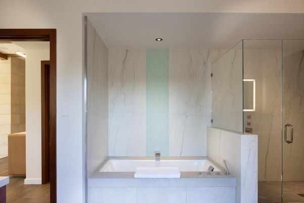 Bathroom, Glass Shower, Interior, Marble Walls, Recessed Lighting, Wood Texture Flooring