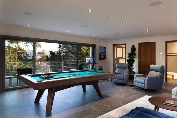 Billiard Table, Game Room, Interior, Recessed Lighting, Wood Texture Flooring