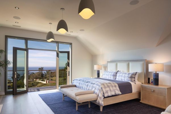 Bedroom, Interior, Pendant Lights, Recessed Lighting, Water, Wood Texture Flooring