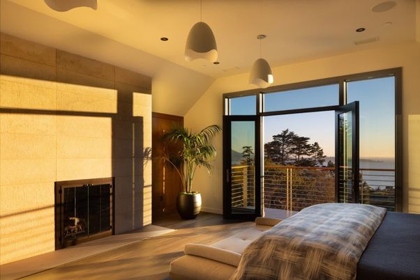 Fireplace, Interior, Pendant Lights, Recessed Lighting, Water, Wood Texture Flooring