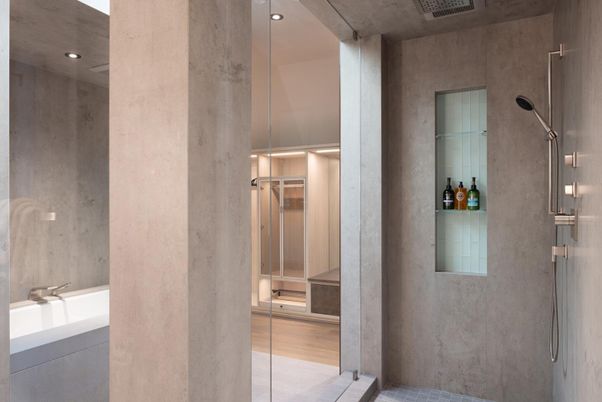 Bathroom, Glass Shower, Interior, Recessed Lighting