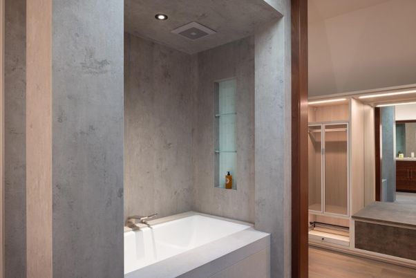 Bathroom, Interior, Recessed Lighting, Wood Texture Flooring