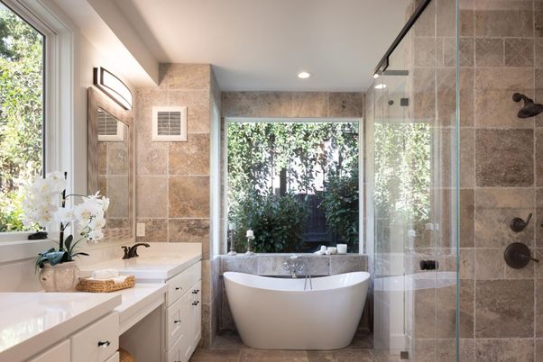 Bathroom, Free Standing Baths, Glass Shower, Interior, Recessed Lighting