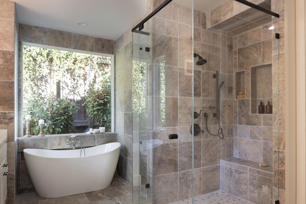 Bathroom, Free Standing Baths, Glass Shower, Interior, Recessed Lighting