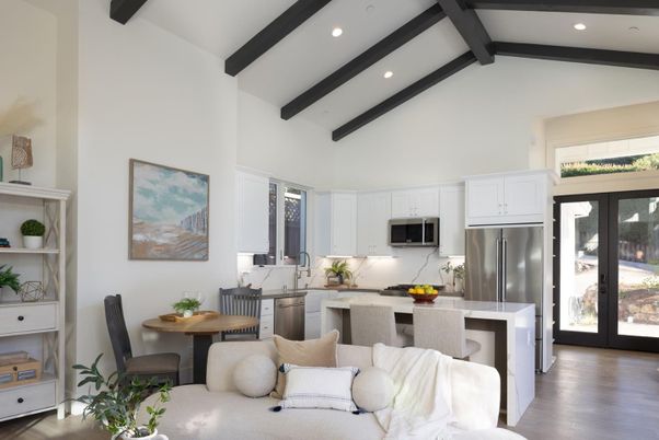 Interior, Kitchen, Recessed Lighting, Stainless Steel Appliances, Wooden Beams, Wood Texture Flooring