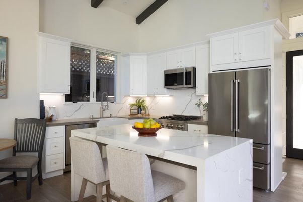 Interior, Kitchen, Marble Walls, Recessed Lighting, Stainless Steel Appliances, Wooden Beams, Wood Texture Flooring