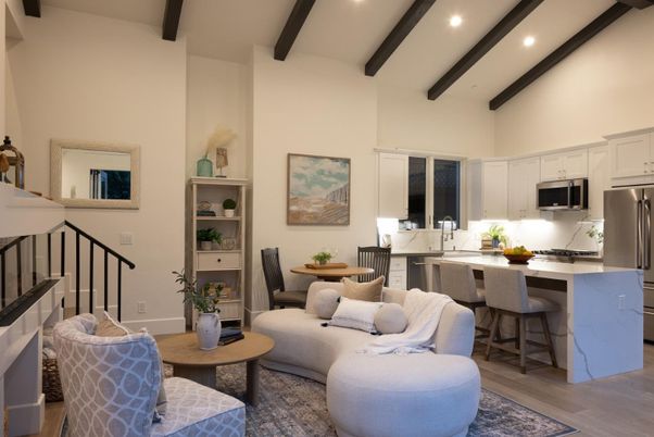 Dining room, Interior, Kitchen, Living room, Recessed Lighting, Stainless Steel Appliances, Wooden Beams, Wood Texture Flooring