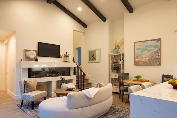 Dining room, Interior, Living room, Recessed Lighting, Wooden Beams, Wood Texture Flooring