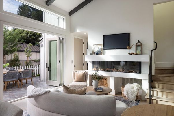 Dining room, Fireplace, Interior, Living room, Recessed Lighting, Wooden Beams