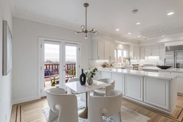 Dining room, Interior, Kitchen, Pendant Lights, Recessed Lighting, Stainless Steel Appliances, Wood Texture Flooring