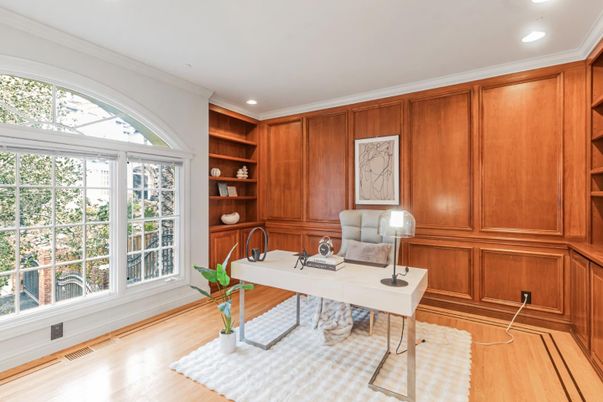 Home Office, Interior, Recessed Lighting, Wood Texture Flooring, Wooden Walls