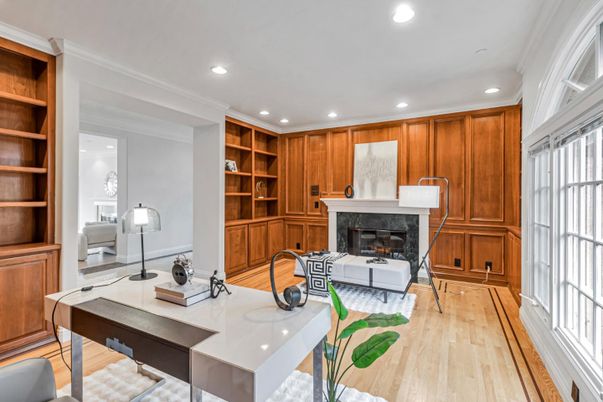Fireplace, Home Office, Interior, Recessed Lighting, Wood Texture Flooring, Wooden Walls