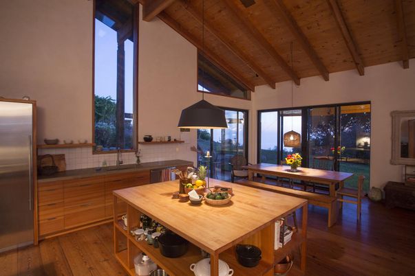 Dining room, Interior, Kitchen, Pendant Lights, Stainless Steel Appliances, Wooden Beams, Wooden Ceilings, Wood Texture Flooring