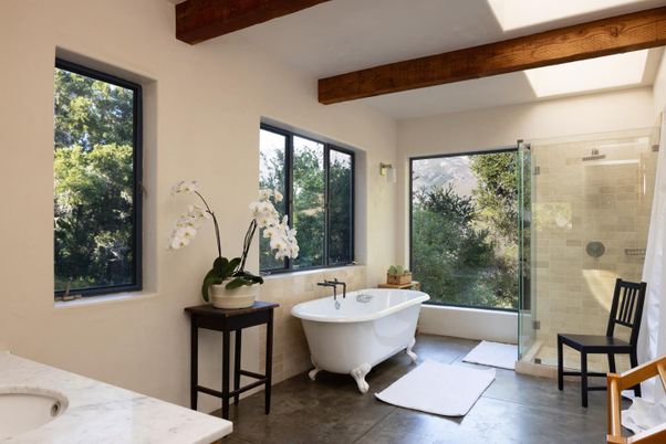 Bathroom, Free Standing Baths, Glass Shower, Interior, Wooden Beams
